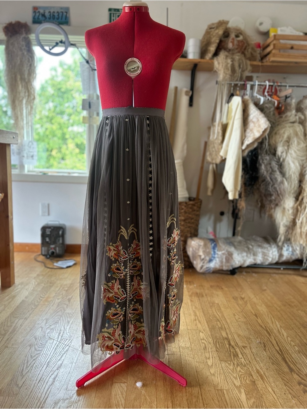 Unique Sundance Gray Tulle Maxi Skirt with Multicolor Floral Embroidery